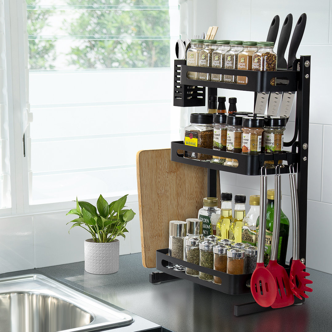 Sorbus 3 Tier Metal Kitchen Spice Rack Countertop Standing Corner Shelf Removable Seasoning Organizer Jars Bottle Storage Knife Utensils Holder With 3 Hooks Black Reviews Wayfair